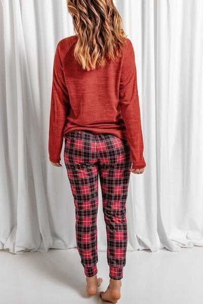 Stacy Round Neck Top and Drawstring Plaid Pants Lounge Set - SwagglyLife Home & Fashion