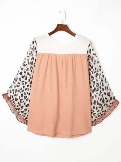 Stylishly Fierce Plus Size Leopard Ruffle Trim Long Sleeve Blouse - SwagglyLife Home & Fashion