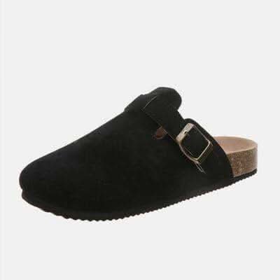 Suede Closed Toe Buckle Slide in Black - Shoes photo