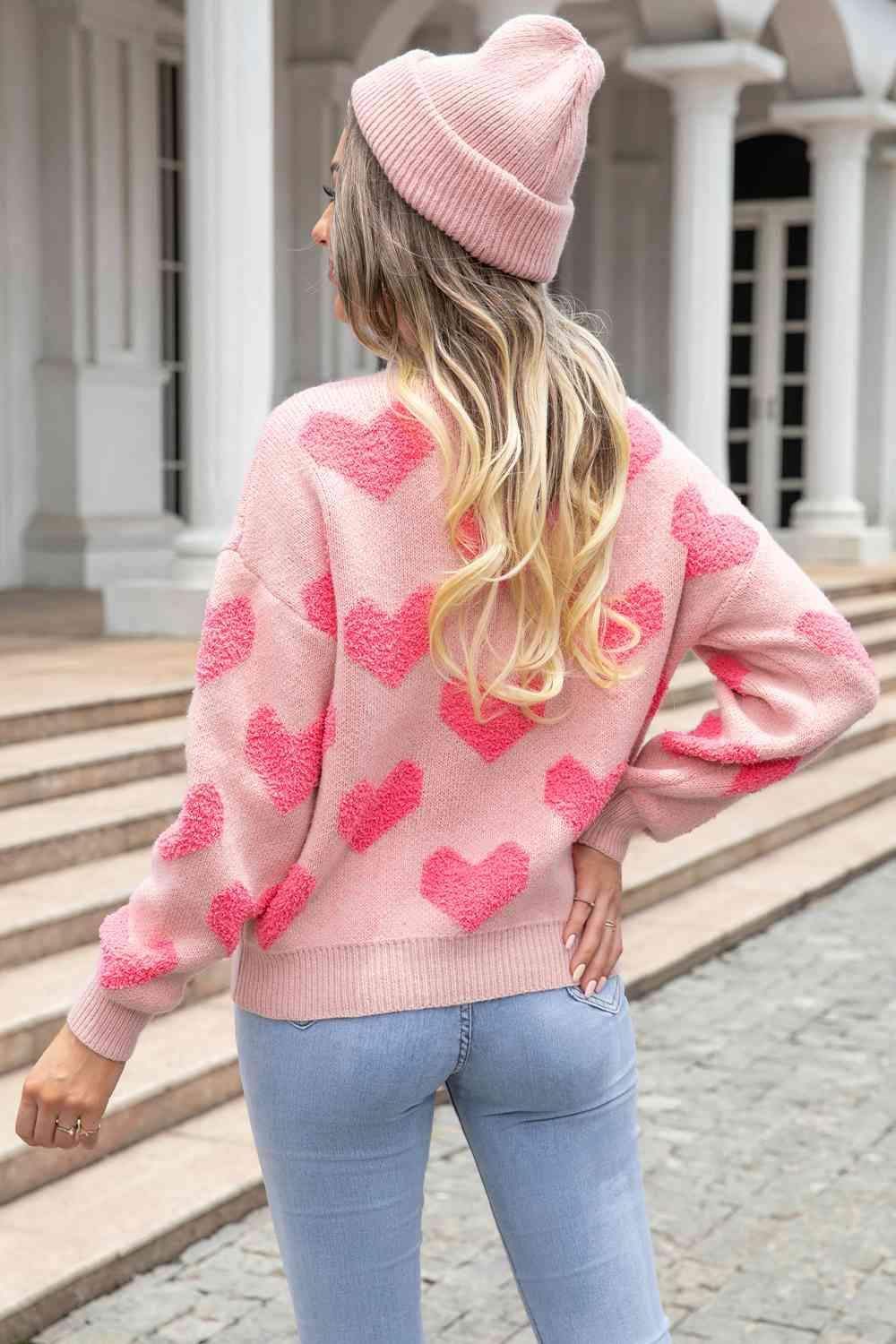 Sweet Love Round Neck Dropped Shoulder Sweater with Heart Pattern - SwagglyLife Home & Fashion