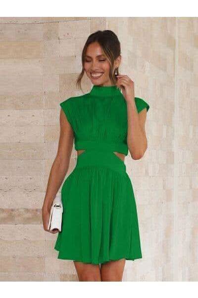 TAKE ME AWAY Cutout Ruched Mock Neck Mini Dress - SwagglyLife Home & Fashion