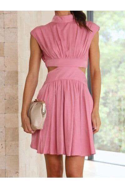 TAKE ME AWAY Cutout Ruched Mock Neck Mini Dress in Carnation Pink - Dresses photo