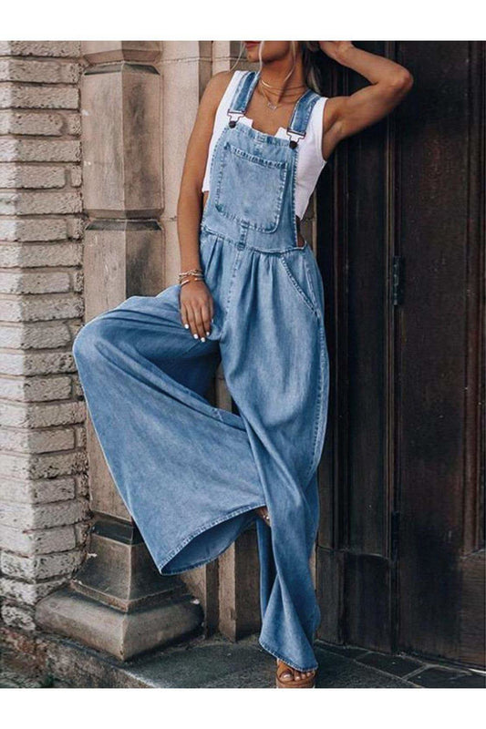 Take Me There Wide Leg Denim Overalls in Light - Overalls photo