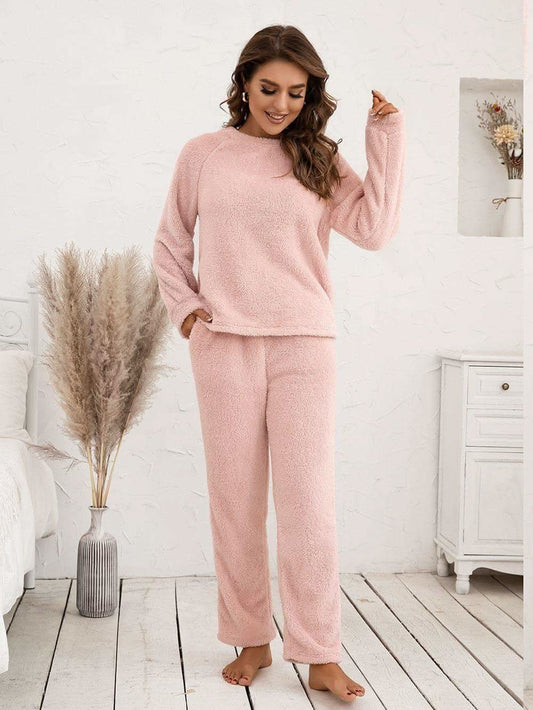 Teddy Long Sleeve Top and Pants Lounge Set in Peach - photo