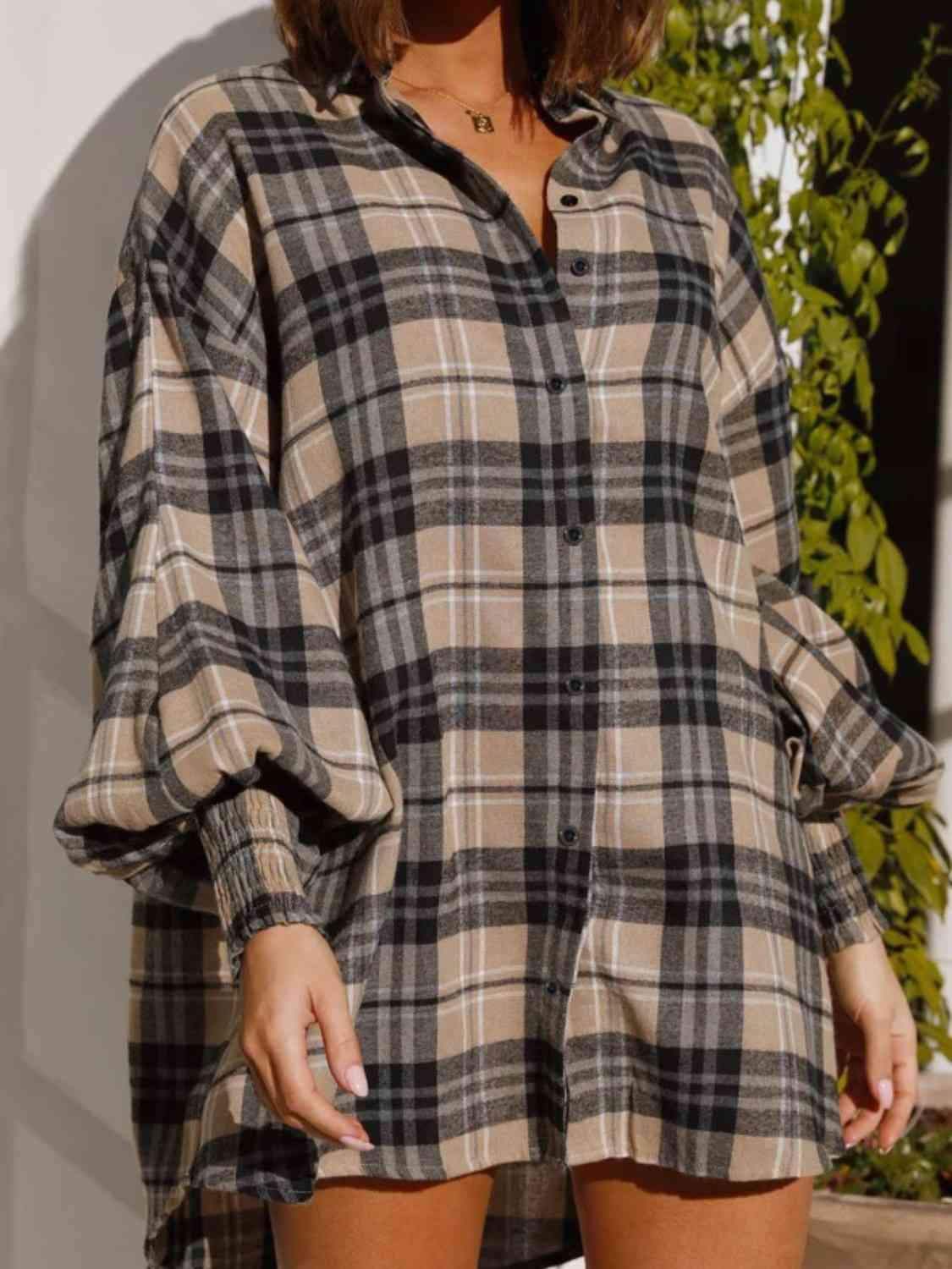 That's What She Said Plaid Lantern Sleeve Shirt in Chestnut - Shirts & Tops photo