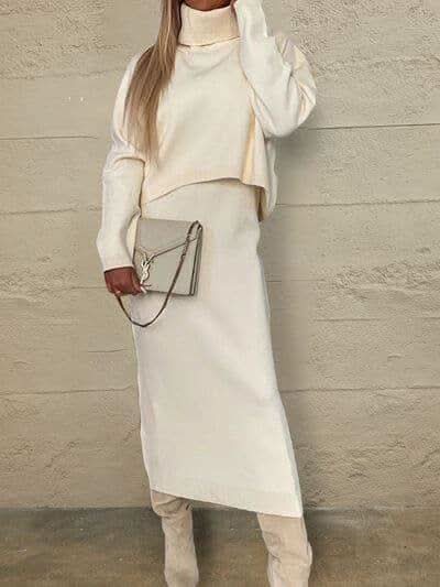 Turtleneck Dropped Shoulder Sweater and Midi Dress Sweater Set - SwagglyLife Home & Fashion