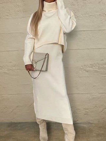 Turtleneck Dropped Shoulder Sweater and Midi Dress Sweater Set - SwagglyLife Home & Fashion