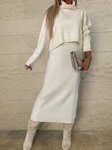 Turtleneck Dropped Shoulder Sweater and Midi Dress Sweater Set - SwagglyLife Home & Fashion