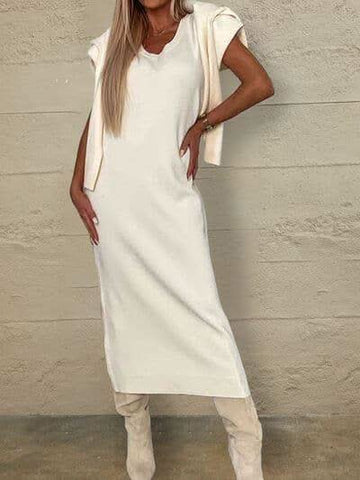 Turtleneck Dropped Shoulder Sweater and Midi Dress Sweater Set - SwagglyLife Home & Fashion