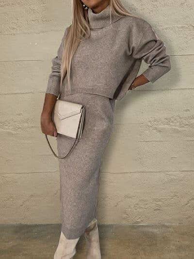 Turtleneck Dropped Shoulder Sweater and Midi Dress Sweater Set - SwagglyLife Home & Fashion