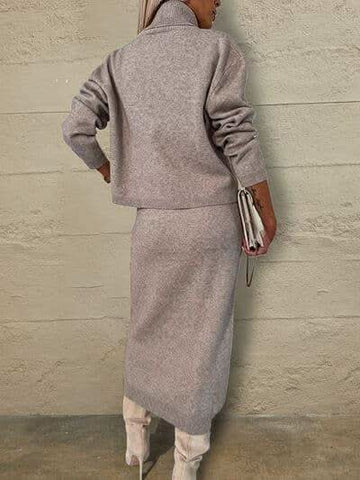 Turtleneck Dropped Shoulder Sweater and Midi Dress Sweater Set - SwagglyLife Home & Fashion