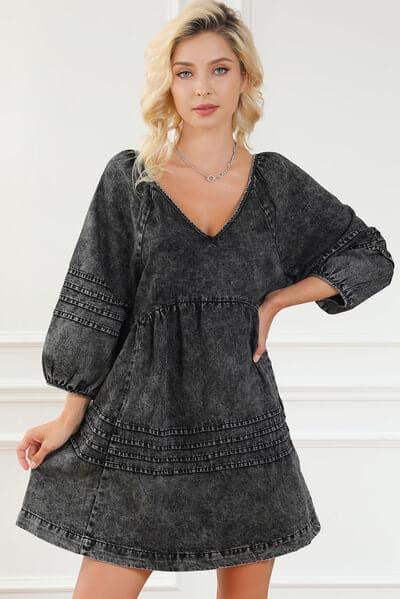 V-Neck Tie Back Mini Denim Dress - SwagglyLife Home & Fashion