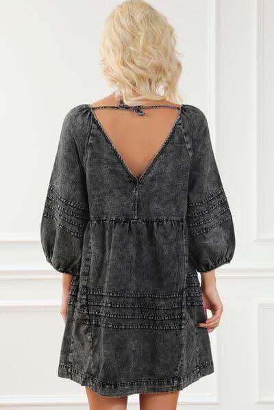 V-Neck Tie Back Mini Denim Dress - SwagglyLife Home & Fashion