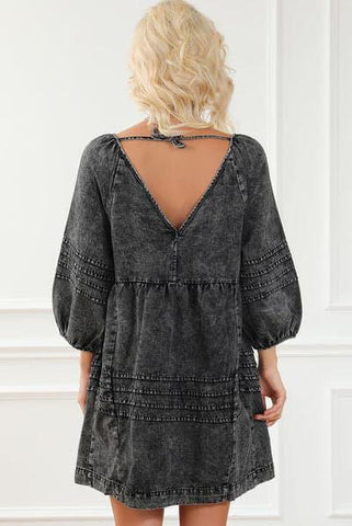 V-Neck Tie Back Mini Denim Dress - SwagglyLife Home & Fashion