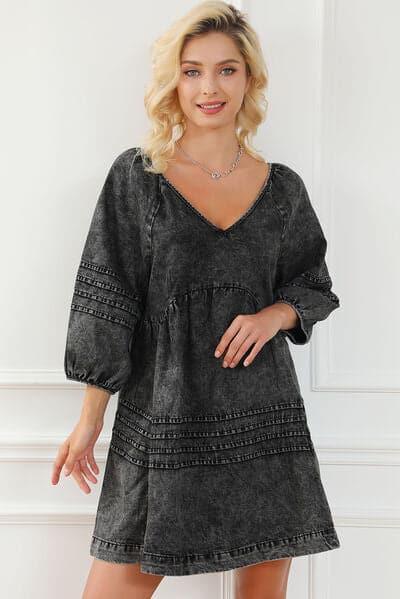 V-Neck Tie Back Mini Denim Dress - SwagglyLife Home & Fashion