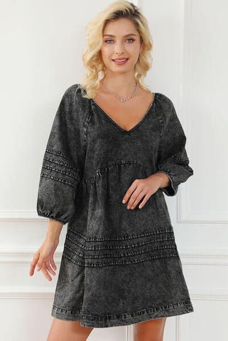 V-Neck Tie Back Mini Denim Dress - SwagglyLife Home & Fashion