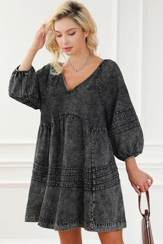 V-Neck Tie Back Mini Denim Dress - SwagglyLife Home & Fashion
