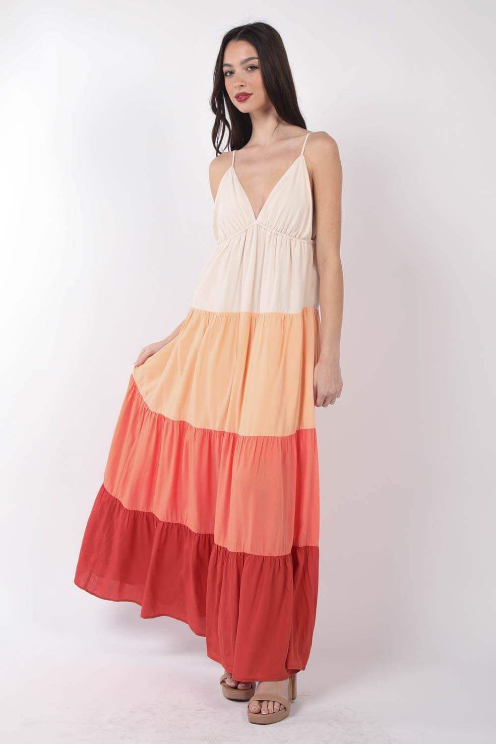 VERY J Color Block Tiered Maxi Cami Dress - SwagglyLife Home & Fashion