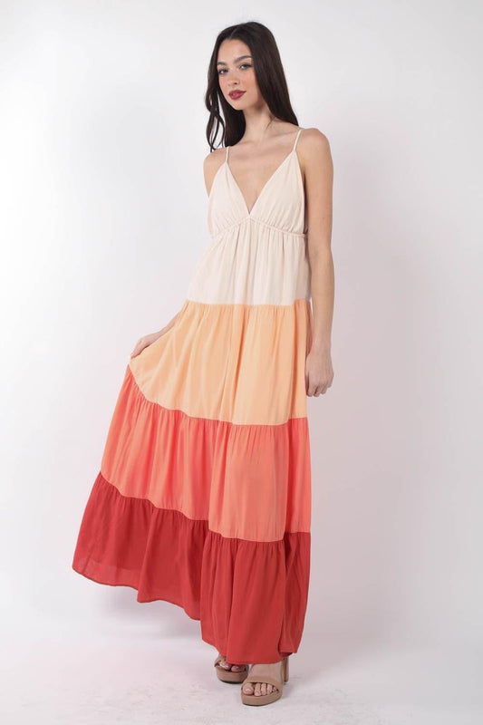 VERY J Color Block Tiered Maxi Cami Dress - SwagglyLife Home & Fashion