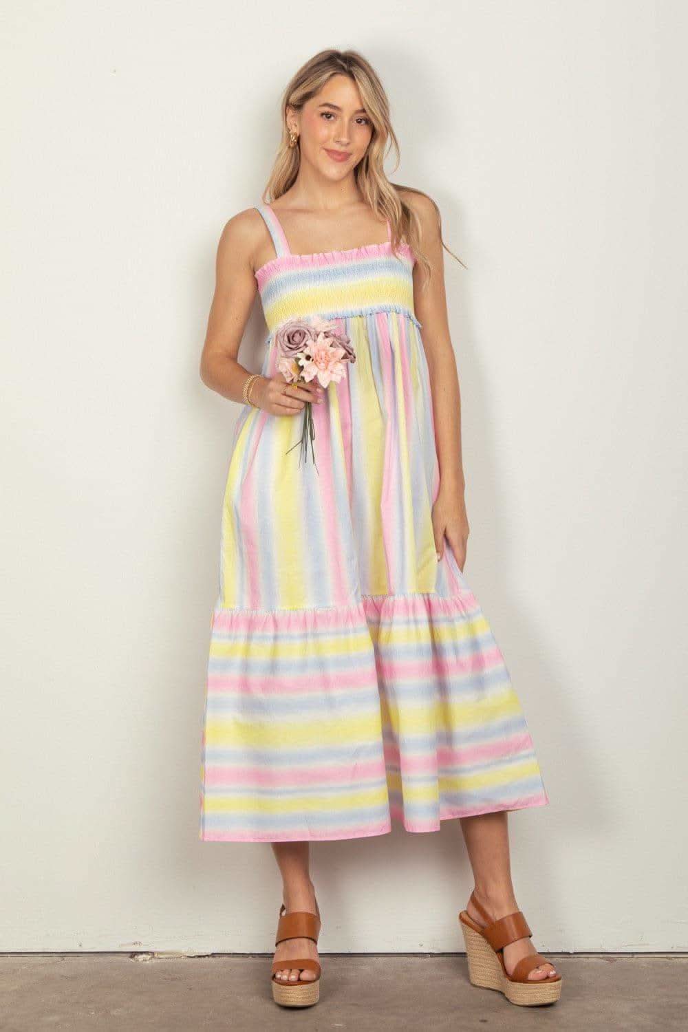 VERY J Striped Woven Smocked Midi Cami Dress - SwagglyLife Home & Fashion