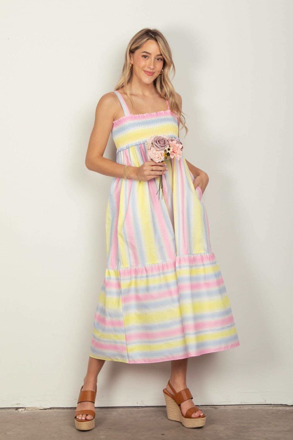 VERY J Striped Woven Smocked Midi Cami Dress - SwagglyLife Home & Fashion