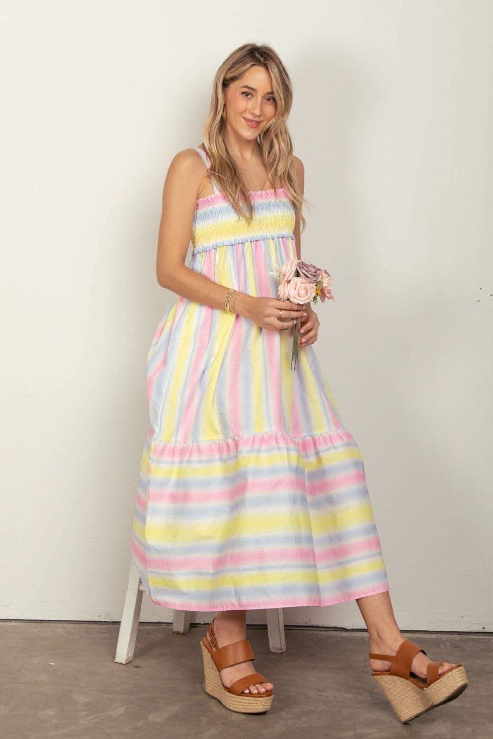 VERY J Striped Woven Smocked Midi Cami Dress - SwagglyLife Home & Fashion