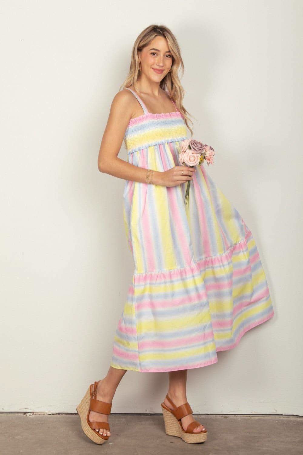 VERY J Striped Woven Smocked Midi Cami Dress - SwagglyLife Home & Fashion