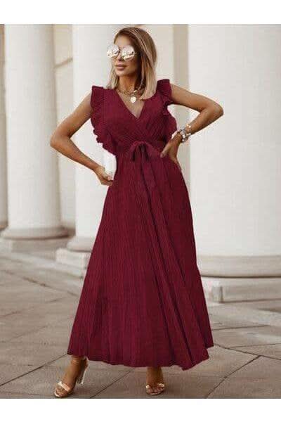 Whitney Tied Surplice Cap Sleeve Pleated Dress in Wine - Dresses photo