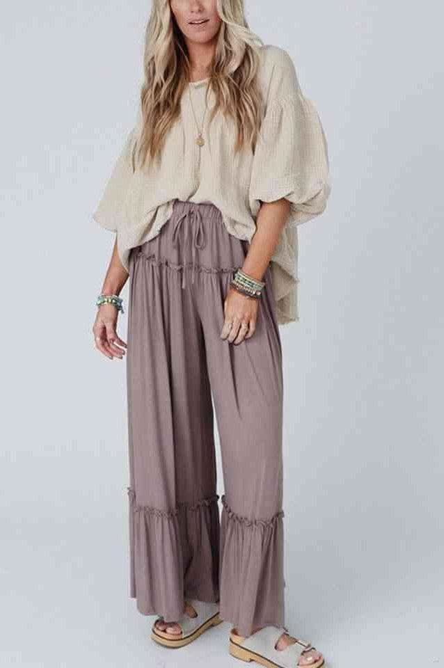 Wide Leg Ruffle Trim Pants - SwagglyLife Home & Fashion