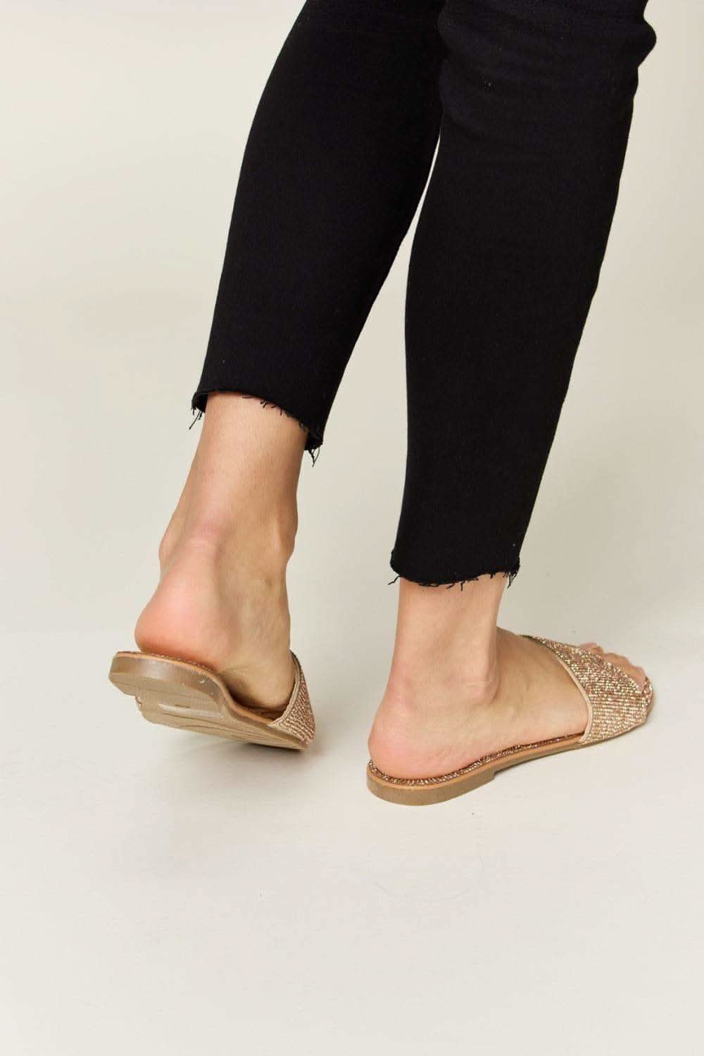 WILD DIVA Rhinestone Open Toe Flat Sandals - SwagglyLife Home & Fashion