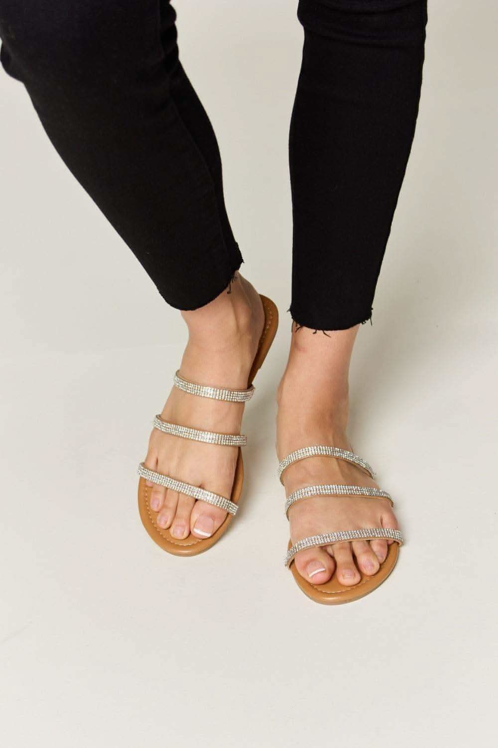 WILD DIVA Rhinestone Three-Strap Flat Sandals - SwagglyLife Home & Fashion