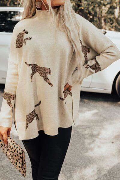 WILD THING Animal Pattern Mock Neck Long Sleeve Slit Sweater in Cream - Shirts & Tops photo