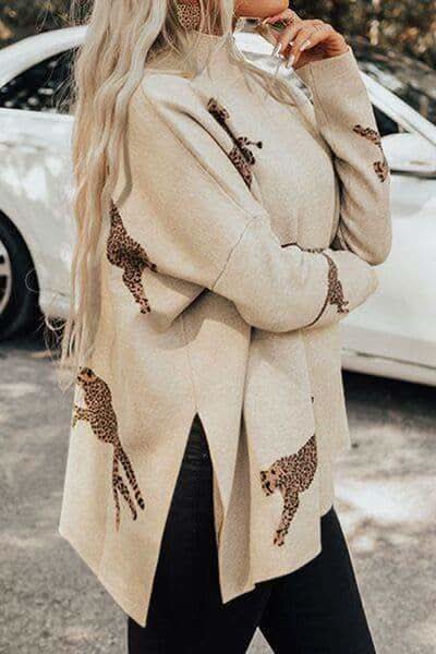 WILD THING Animal Pattern Mock Neck Long Sleeve Slit Sweater in - Shirts & Tops photo