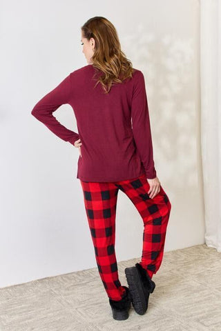 Zenana Full Size Plaid Round Neck Top and Pants Pajama Set - SwagglyLife Home & Fashion