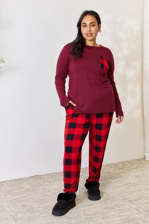 Zenana Full Size Plaid Round Neck Top and Pants Pajama Set - SwagglyLife Home & Fashion