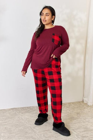 Zenana Full Size Plaid Round Neck Top and Pants Pajama Set - SwagglyLife Home & Fashion
