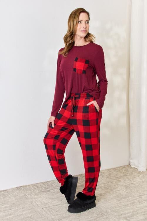 Zenana Full Size Plaid Round Neck Top and Pants Pajama Set - SwagglyLife Home & Fashion